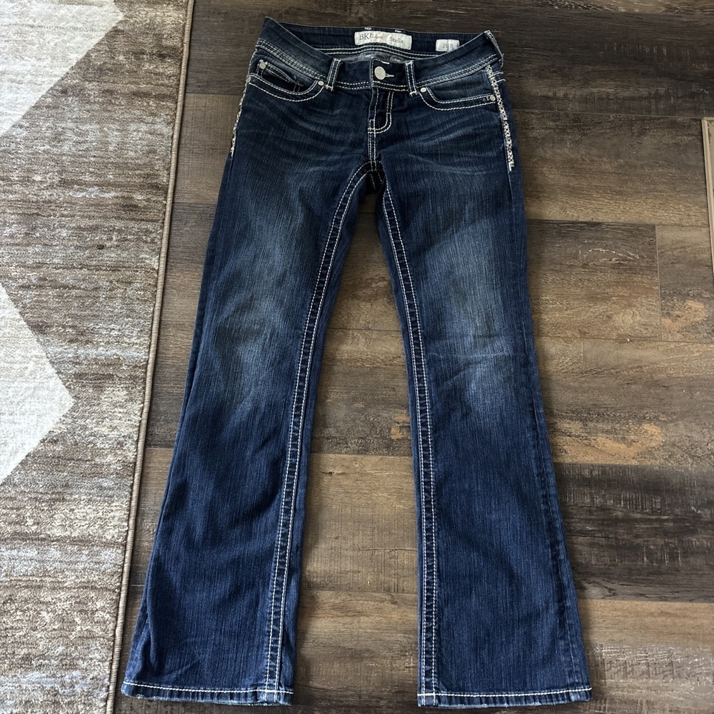 BKE Stella Flare Jeans Womens 26R Dark Wash Low Rise Stretch Y2K Contrast Stitch